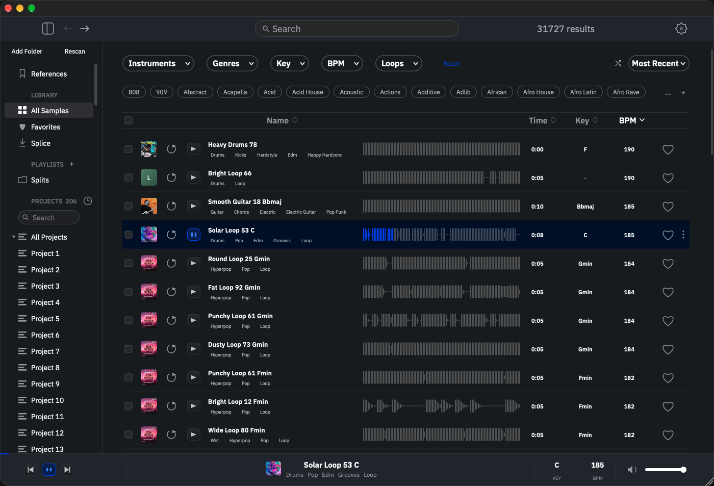 The Sample Organizer plugin window: a folder sidebar of libraries, playlists and projects on the left; a searchable list of samples with waveforms, tags, and key and BPM columns; one sample playing, with a now-playing bar across the bottom.