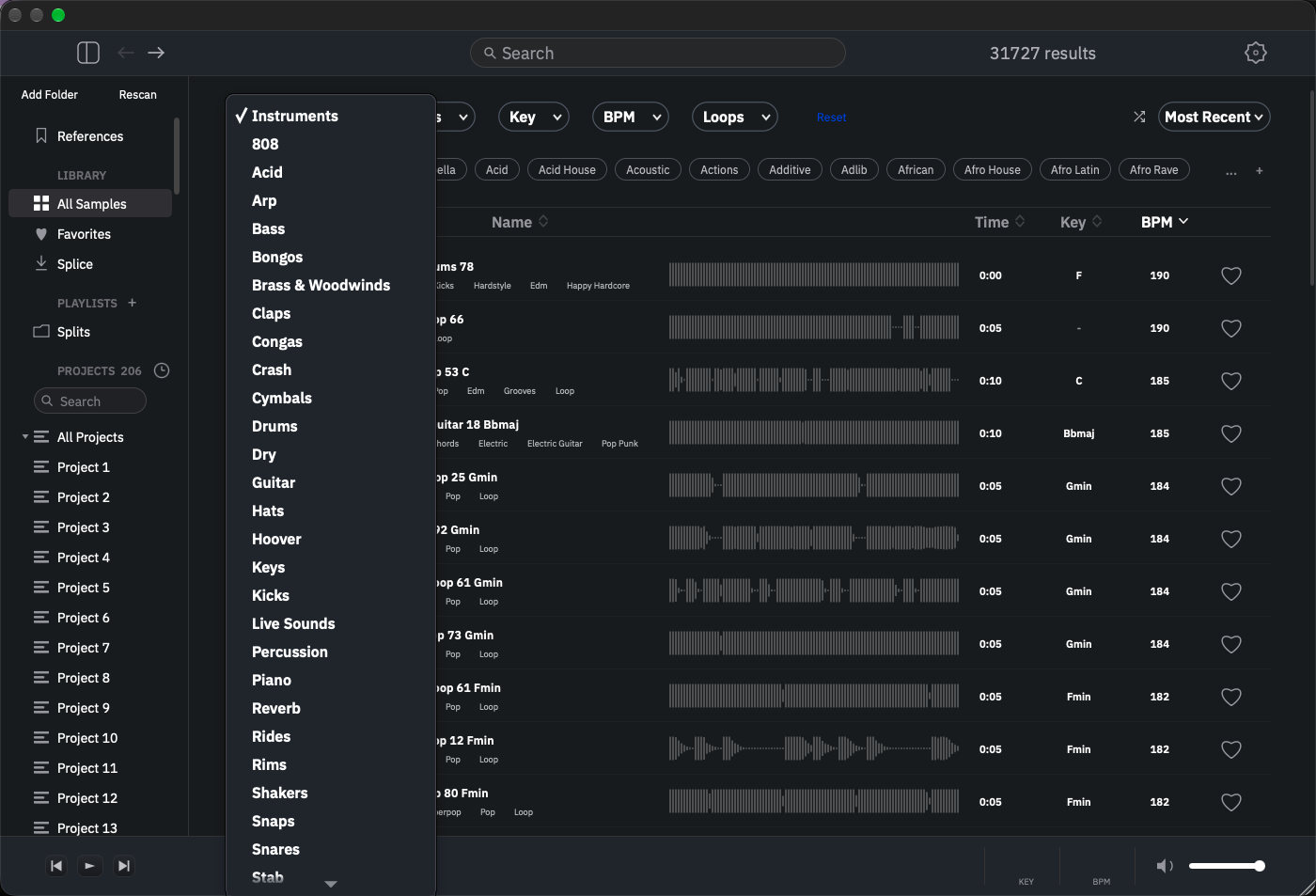 The instrument filter dropdown open, listing categories like 808, Bass, Brass & Woodwinds, Claps, Drums, Guitar, Kicks, Percussion and more.