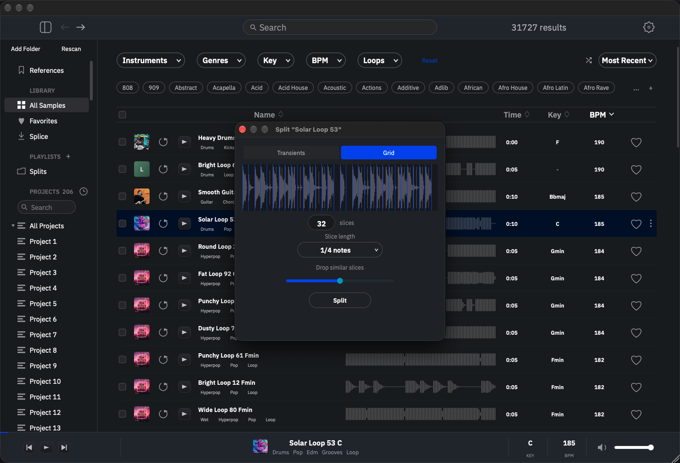The transient-split panel over the library: a waveform of a loop with blue slice markers, a Transients / Grid toggle, a slice count, a slice-length menu, and a 'drop similar slices' slider.